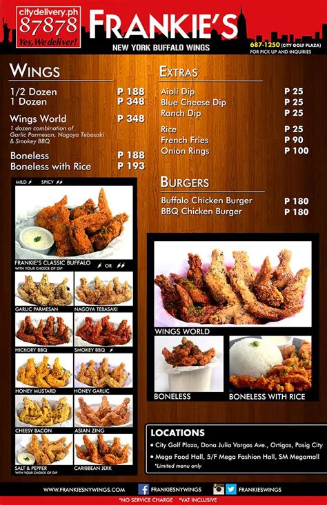 *Frankie's New York Buffalo Wings Menu .